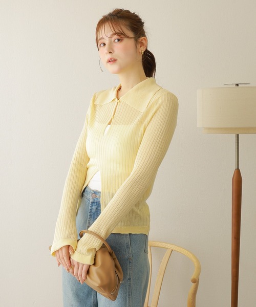 front open lib knit pullover /フロントオープン 襟付き リブ