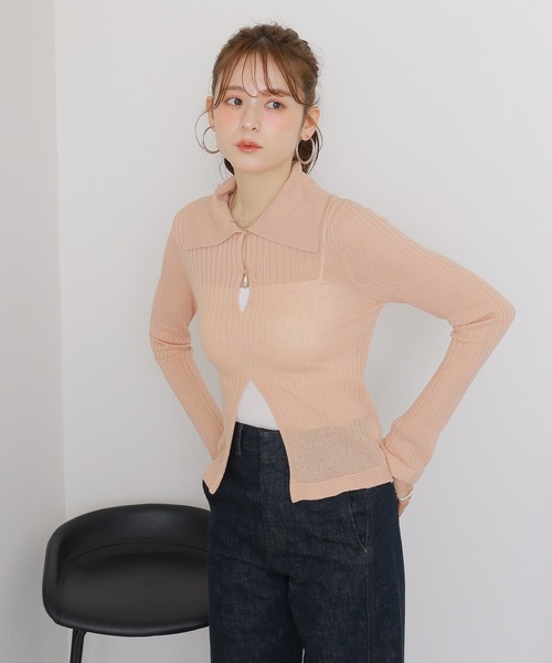 front open lib knit pullover /フロントオープン 襟付き リブ