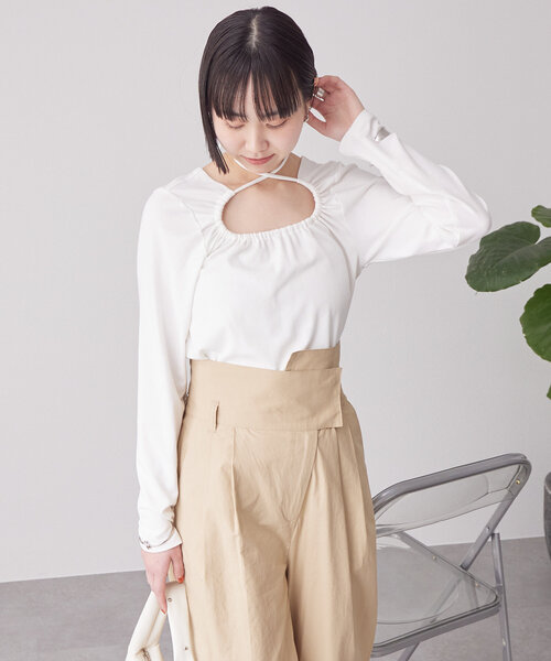 mystic（ミスティック）の「チョーカーリボンロンT（Tシャツ/カットソー・レディース・オフホワイト/ブラック/グレー/ベージュ・FREE）」の7枚目の写真