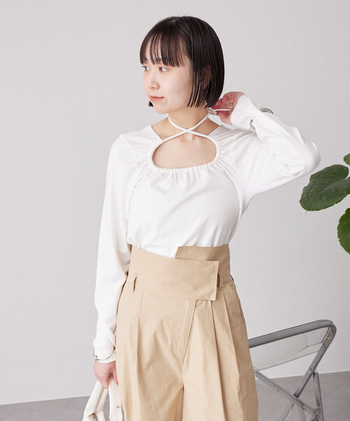 mystic（ミスティック）の「チョーカーリボンロンT（Tシャツ/カットソー・レディース・オフホワイト/ブラック/グレー/ベージュ・FREE）」の9枚目の写真