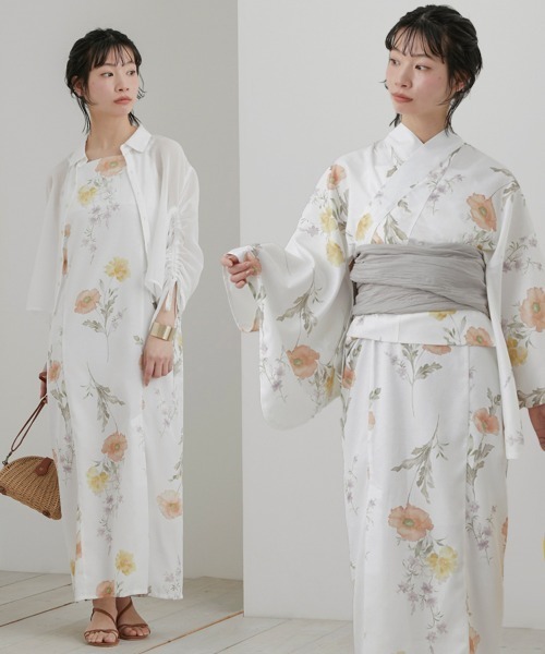 浴衣】花柄ワンピース浴衣セット（上衣＋ワンピース＋へこ帯＋下駄