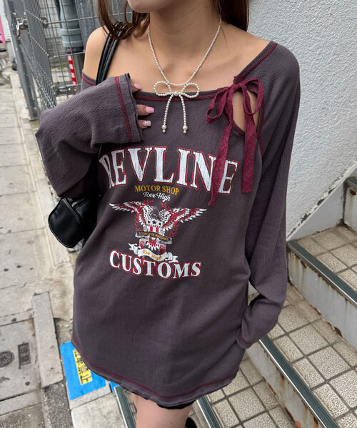 CIAOPANIC（チャオパニック）の「クレープシアーロゴリボントップス（Tシャツ/カットソー・レディース・ボルドー/アイボリー/チャコールグレー・ONE SIZE）」の3枚目の写真