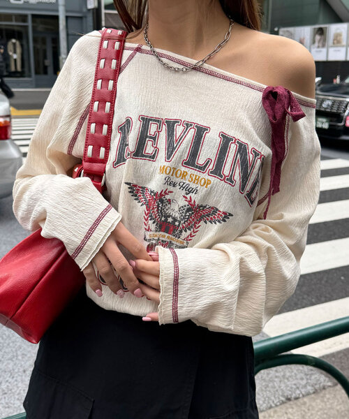 CIAOPANIC（チャオパニック）の「クレープシアーロゴリボントップス（Tシャツ/カットソー・レディース・ボルドー/アイボリー/チャコールグレー・ONE SIZE）」の4枚目の写真