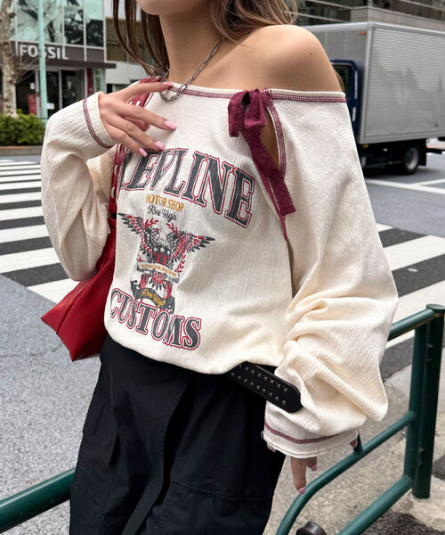 CIAOPANIC（チャオパニック）の「クレープシアーロゴリボントップス（Tシャツ/カットソー・レディース・ボルドー/アイボリー/チャコールグレー・ONE SIZE）」の6枚目の写真
