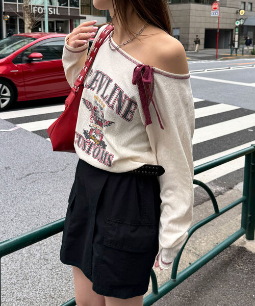 CIAOPANIC（チャオパニック）の「クレープシアーロゴリボントップス（Tシャツ/カットソー・レディース・ボルドー/アイボリー/チャコールグレー・ONE SIZE）」の7枚目の写真