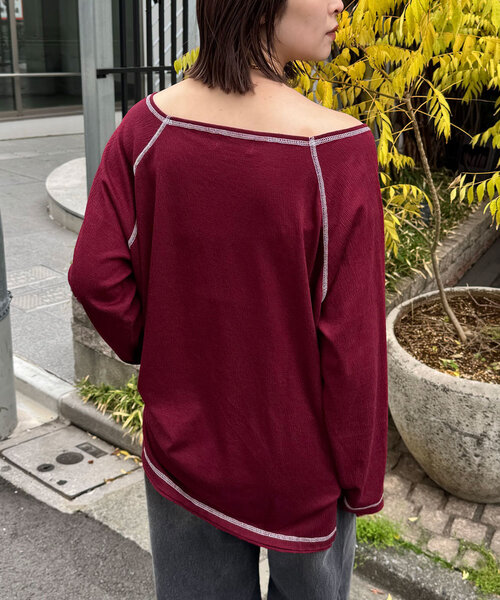 CIAOPANIC（チャオパニック）の「クレープシアーロゴリボントップス（Tシャツ/カットソー・レディース・ボルドー/アイボリー/チャコールグレー・ONE SIZE）」の15枚目の写真