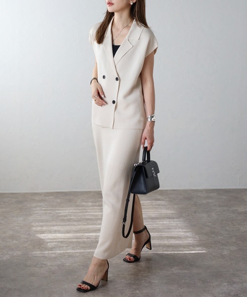 セール】[SET]ラペルカラーニットベスト×バックスリットニットスカート