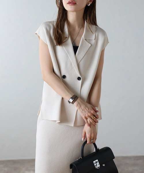 Bonjour Sagan（ボンジュールサガン）の「[SET]ラペルカラーニットベスト×バックスリットニットスカート（ワンピース・レディース・ダークグレー/キナリ・FREE）」の7枚目の写真