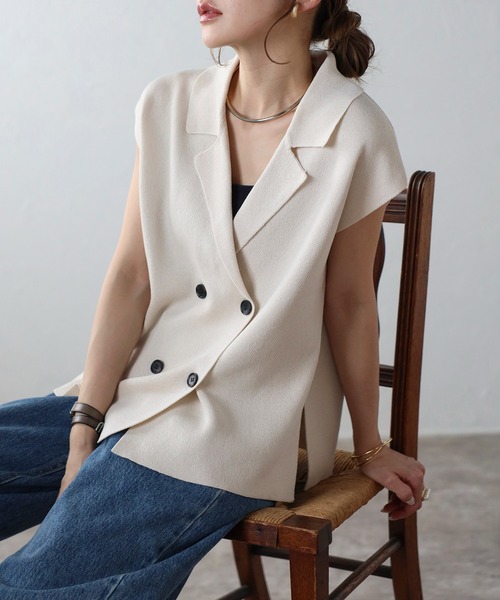 Bonjour Sagan（ボンジュールサガン）の「[SET]ラペルカラーニットベスト×バックスリットニットスカート（ワンピース・レディース・ダークグレー/キナリ・FREE）」の19枚目の写真