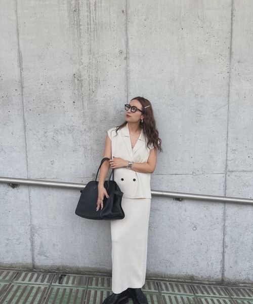 SET]ラペルカラーニットベスト×バックスリットニットスカート