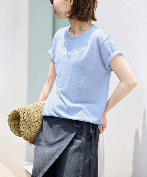 SLOBE IENA(スローブイエナ)の「《追加》スラブ5分袖TEE(Tシャツ/カットソー・レディース・ネイビー/ホワイト/スカイブルー/オレンジ系その他/ベージュ・FREE)」の1枚目の写真