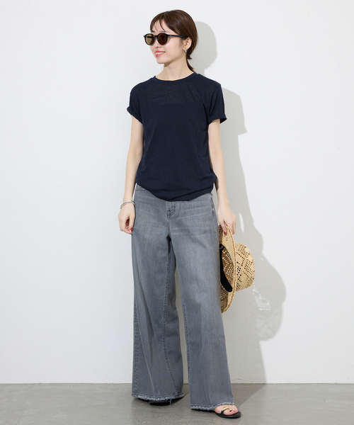 SLOBE IENA(スローブイエナ)の「《追加》スラブ5分袖TEE(Tシャツ/カットソー・レディース・ネイビー/ホワイト/スカイブルー/オレンジ系その他/ベージュ・FREE)」の6枚目の写真