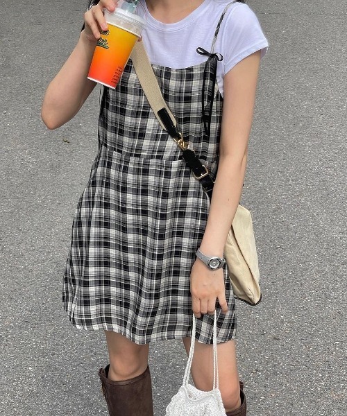 Teem Store(チームストア)の「チェックミニワンピース インナーキャミワンピ付き(ワンピース・レディース・ブラック・F)」の1枚目の写真