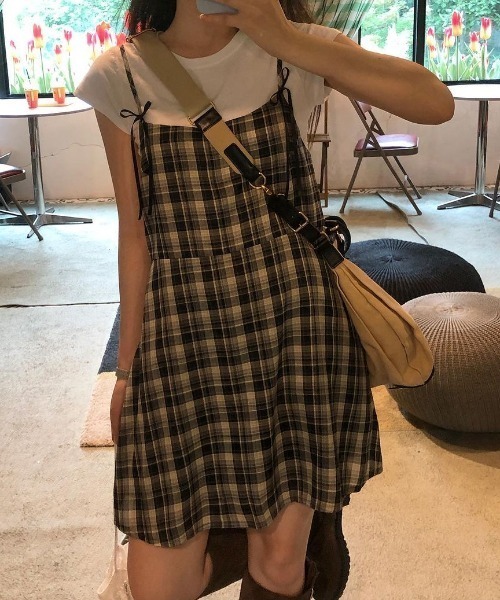 Teem Store(チームストア)の「チェックミニワンピース インナーキャミワンピ付き(ワンピース・レディース・ブラック・F)」の7枚目の写真