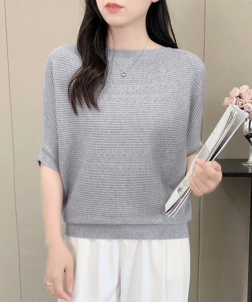 Miniministore（ミニミニストア）の「サマーニットトップス ドルマンスリーブ夏（ニット/セーター・レディース・ダークグリーン/ベージュ/ホワイト/ワインレッド/ピンク/ライトグレー/ブラック・FREE）」の4枚目の写真