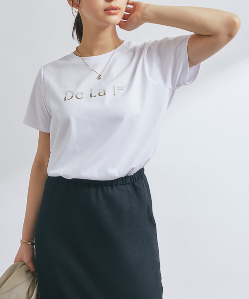 un dix cors(アンディコール)の「《接触冷感・吸水速乾》箔ラインロゴTシャツ(Tシャツ/カットソー・レディース・ブラック/ホワイト・FREE)」の2枚目の写真