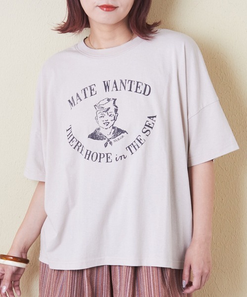 ジッパー付きベージュホワイトTシャツ セール】32/-天竺前後プリントTシャツ（Tシャツ/カットソー