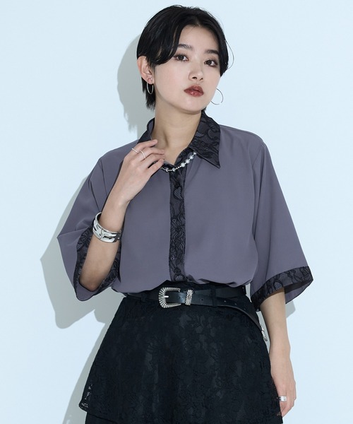 Ellno de Mavie フラワーレースドッキングシャツ グレー フラワーレースドッキングシャツ（シャツ/ブラウス）｜Ellno de