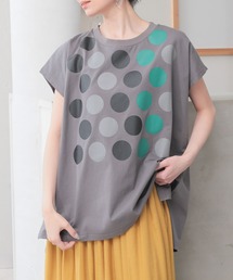 配色ドットプリントフレンチスリーブTシャツ