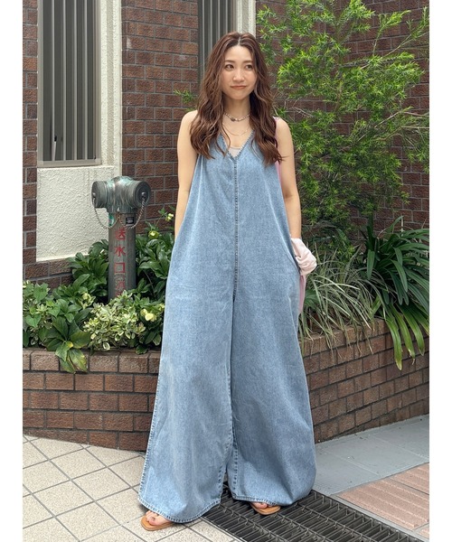 バックオープンデニムサロペット（つなぎ/オールインワン