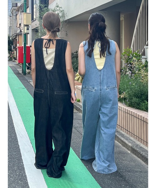 バックオープンデニムサロペット（つなぎ/オールインワン