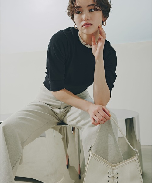 N.（N. Natural Beauty Basic）（エヌエヌナチュラルビューティーベーシック）の「フリルネックフォルムスリーブニット（ニット/セーター・レディース・ブラック系その他/ブラウン/ライム・MEDIUM）」の2枚目の写真