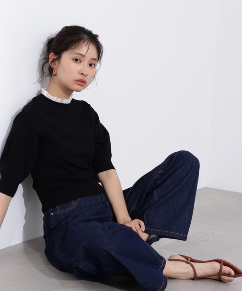 N.（N. Natural Beauty Basic）（エヌエヌナチュラルビューティーベーシック）の「フリルネックフォルムスリーブニット（ニット/セーター・レディース・ブラック系その他/ブラウン/ライム・MEDIUM）」の4枚目の写真