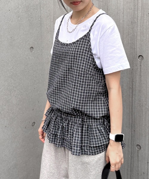 ISOOK（アイスー）の「【ISOOK / アイスー】ウエストリボンチェックフリルキャミソール / ビスチェ タンクトップ ノースリーブ レイヤード 重ね着 チュニック丈 ホワイト ネイビー 白 紺 ZOZOTOWN限定（キャミソール・レディース・ネイビー/ホワイト・FREE）」の16枚目の写真