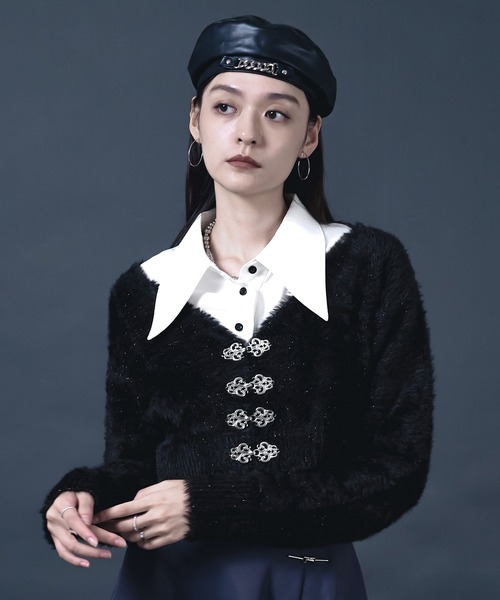 Ellno de Mavie（エルノデメヴィ）の「チャイナメタルボタンシャギーカーディガン（カーディガン/ボレロ・レディース・ブルー/ブラック/パープル・FREE）」の2枚目の写真