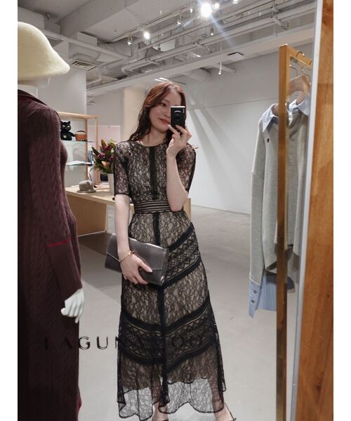 【美品】ラグナムーン　ショルダーギャザーレースマキシワンピース 復刻】LADYショルダーギャザーレースマキシワンピース（ドレス