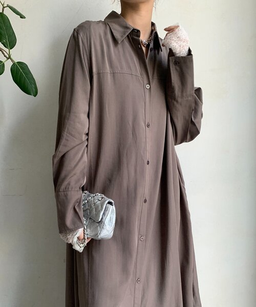 DouDou(ドゥドゥ)の「リヨセルツイルロングシャツワンピース(ワンピース・レディース・チャコールグレー/モカ・FREE)」の18枚目の写真