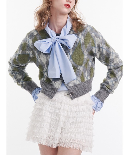 jouetie（ジュエティ）の「2WAYパターンショートカーデ 花柄 アーガイル（カーディガン/ボレロ・レディース・ブラック/オフホワイト/グレー/ピンク・MEDIUM）」の3枚目の写真