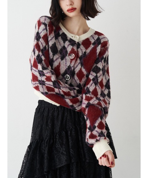 jouetie（ジュエティ）の「2WAYパターンショートカーデ 花柄 アーガイル（カーディガン/ボレロ・レディース・ブラック/オフホワイト/グレー/ピンク・MEDIUM）」の2枚目の写真