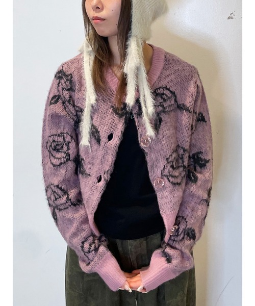 jouetie（ジュエティ）の「2WAYパターンショートカーデ 花柄 アーガイル（カーディガン/ボレロ・レディース・ブラック/オフホワイト/グレー/ピンク・MEDIUM）」の4枚目の写真