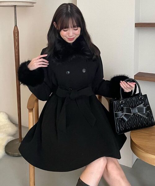 1% イチパーセント　フレアコート　ブラック パールブローチ付きファーフレアコート[ze786] | レディース