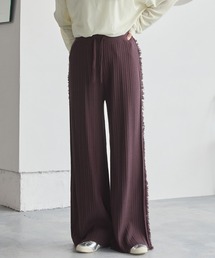 <マシンウォッシャブル/アンチピリング>サイドフリンジ ワイドストレート リブニットパンツブラウン