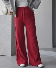 <マシンウォッシャブル/アンチピリング>サイドフリンジ ワイドストレート リブニットパンツレッド