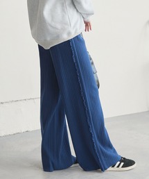 <マシンウォッシャブル/アンチピリング>サイドフリンジ ワイドストレート リブニットパンツブルー