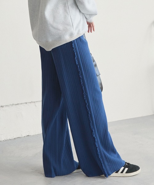 <マシンウォッシャブル/アンチピリング>サイドフリンジ ワイドストレート リブニットパンツ