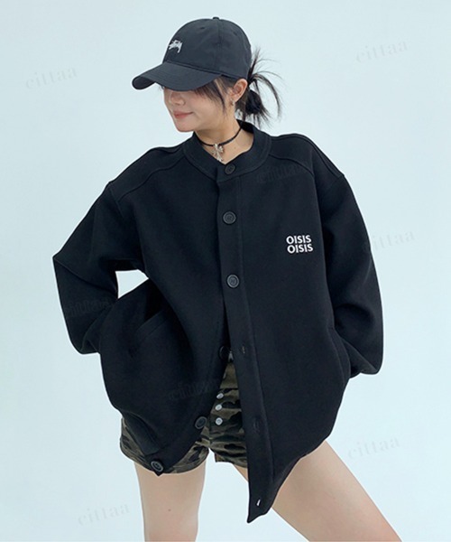 Dalfwin(ダールフィン)の「韓国ファッション OISIS刺繍ラグランスウェットカーディガン(カーディガン/ボレロ・レディース・ブラック/グレー・FREE)」の3枚目の写真