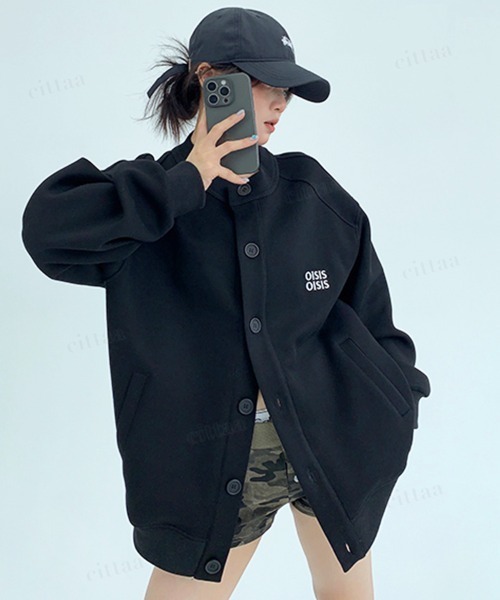 Dalfwin(ダールフィン)の「韓国ファッション OISIS刺繍ラグランスウェットカーディガン(カーディガン/ボレロ・レディース・ブラック/グレー・FREE)」の4枚目の写真