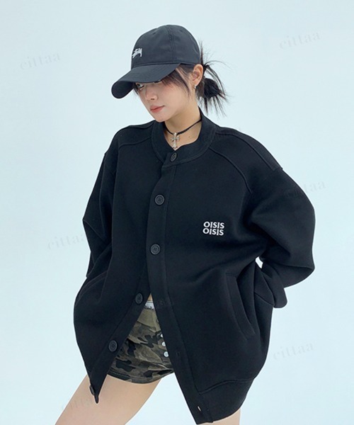 Dalfwin(ダールフィン)の「韓国ファッション OISIS刺繍ラグランスウェットカーディガン(カーディガン/ボレロ・レディース・ブラック/グレー・FREE)」の5枚目の写真