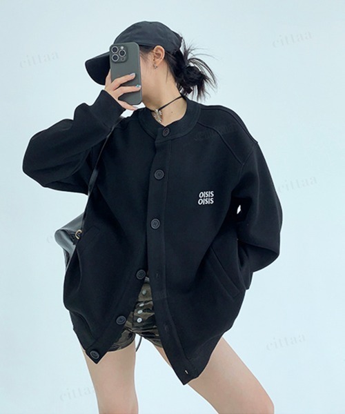 Dalfwin(ダールフィン)の「韓国ファッション OISIS刺繍ラグランスウェットカーディガン(カーディガン/ボレロ・レディース・ブラック/グレー・FREE)」の7枚目の写真