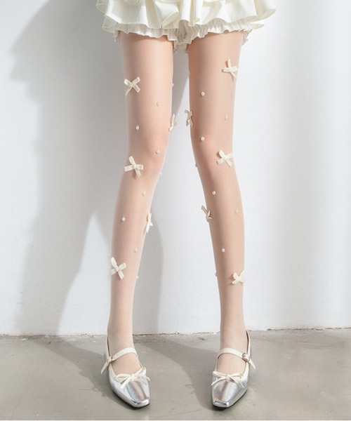 CALIFORNIA OUTFITTERS(カリフォルニア アウトフィッターズ)の「9C68 パール リボン シースルー ストッキング タイツ バレエコア ロリィタ(タイツ/ストッキング・レディース・ホワイト・ONESIZE)」の1枚目の写真