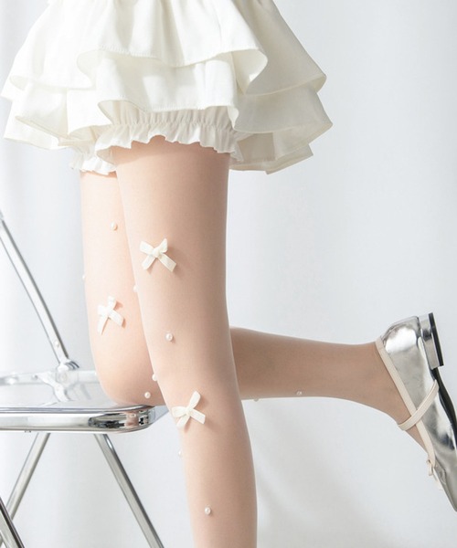 CALIFORNIA OUTFITTERS(カリフォルニア アウトフィッターズ)の「9C68 パール リボン シースルー ストッキング タイツ バレエコア ロリィタ(タイツ/ストッキング・レディース・ホワイト・ONESIZE)」の2枚目の写真