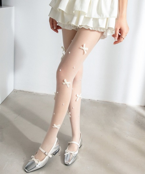 CALIFORNIA OUTFITTERS(カリフォルニア アウトフィッターズ)の「9C68 パール リボン シースルー ストッキング タイツ バレエコア ロリィタ(タイツ/ストッキング・レディース・ホワイト・ONESIZE)」の3枚目の写真