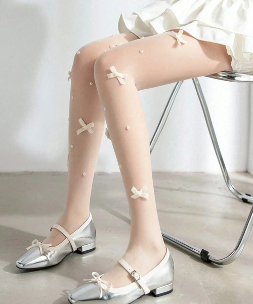 CALIFORNIA OUTFITTERS(カリフォルニア アウトフィッターズ)の「9C68 パール リボン シースルー ストッキング タイツ バレエコア ロリィタ(タイツ/ストッキング・レディース・ホワイト・ONESIZE)」の4枚目の写真