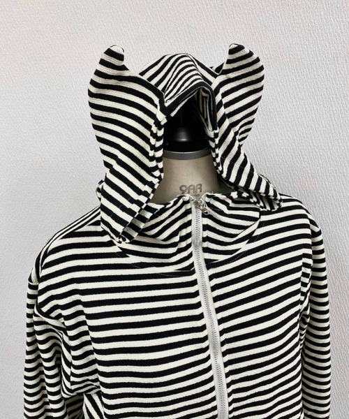 セール】【秋冬新作】白黒ボーダー猫耳フード付きパーカー（パーカー