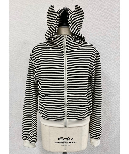 セール】【秋冬新作】白黒ボーダー猫耳フード付きパーカー（パーカー