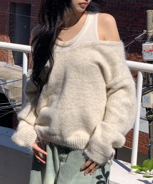 Teem Store（チームストア）の「【2点セット】ニットタンクトップ＋ Vネックニットトップス（ニット/セーター・レディース・ベージュ/アイボリー/グレー/サックスブルー・F）」の15枚目の写真